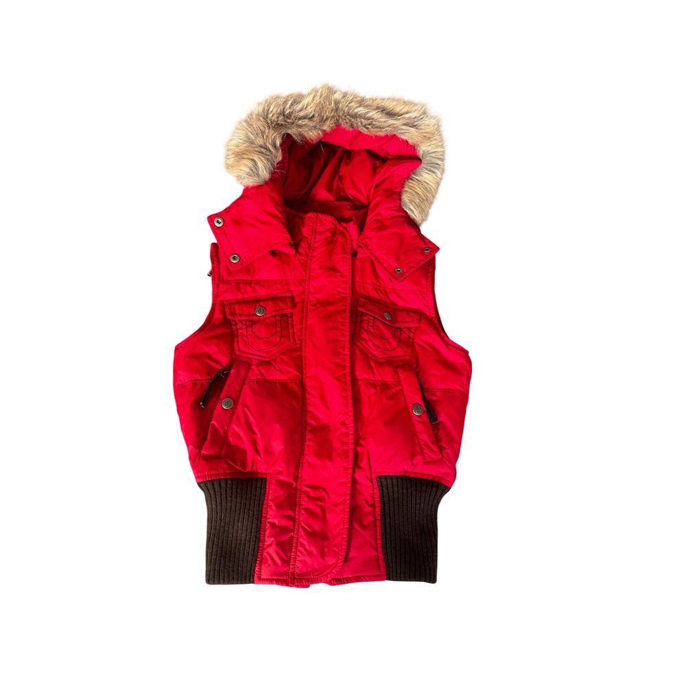 True Religion Red Puffer Vest Faux Fur Hood Ribbed Hem XS